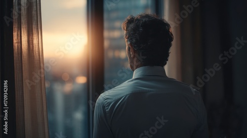 Businessman looking at city skyline from office window