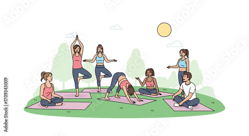 Group of people practicing yoga together on a sunny day in a park setting, following instructions and poses