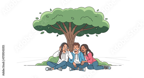 Happy multiethnic friends spending quality time together outdoors, sitting on the grass under a big tree, a concept of youth friendship and connection