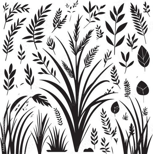 Black silhouette of wild grass blades growing in natural cluster