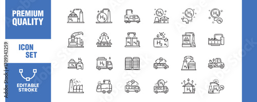 Set of hydrogen industry icons showcasing production, storage, transportation, and usage in editable stroke style for industrial design projects