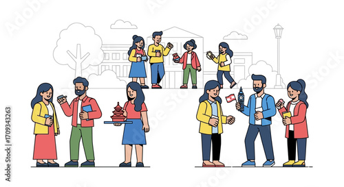 Illustrative concept Diverse individuals engaging in cultural exchange, sharing traditions, and building global connections within a vibrant, multicultural community environment