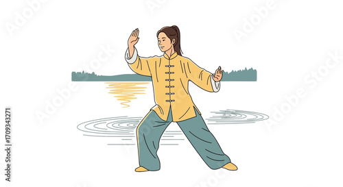 Woman Practicing Tai Chi on the Shore of a Lake Serene Wellness Illustration