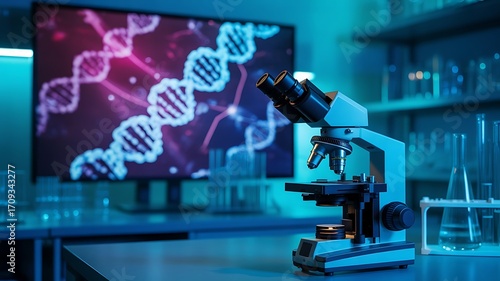 Microscope and D N A display in cyan laboratory screen