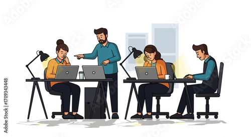 Business concept of a toxic workplace showing a demanding manager pressuring an exhausted team of employees suffering from burnout