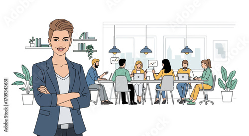 Confident businesswoman at the forefront, leading a dynamic and diverse team in a modern office, fostering collaboration and strategic discussions for successful project outcomes and innovation