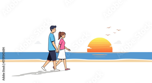 Couple enjoying a romantic stroll along the beach as the sun sets, a tranquil moment of togetherness and love by the sea, scenic view
