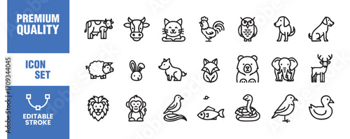 This icon set features a variety of animals, including mammals, birds, and reptiles, all rendered in a clean and modern line style the icons are perfect for use in a variety of design projects