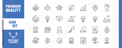 This icon set features a collection of creative and innovative ideas, representing concepts such as growth, success, and inspiration
