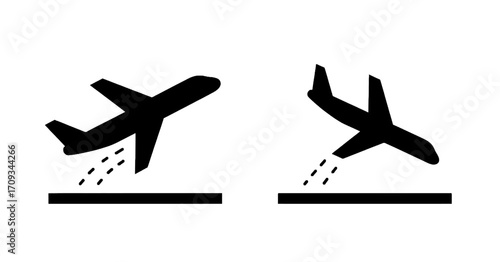 A simple aviation vector icon set featuring a flying airliner silhouette symbol for travel and business transportation