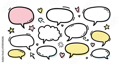 Whimsical speech bubbles and icons for communication, ideas, and creative expression