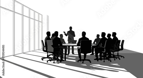 Business Meeting Silhouette A Group of People in a Conference Room Discussing Ideas Around a Table with Sunlight Streaming In