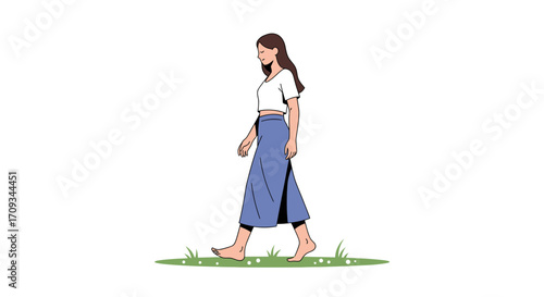 Woman Walking Barefoot in a Field Simple Line Art Illustration