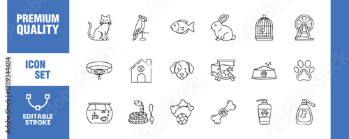 Set of pet icons collection of symbols related to domestic animals, pet care, and veterinary services editable stroke vector graphics for web and print