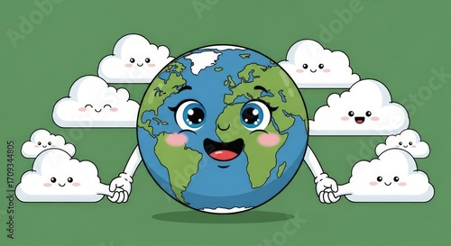 Happy cartoon Earth character surrounded by smiling clouds