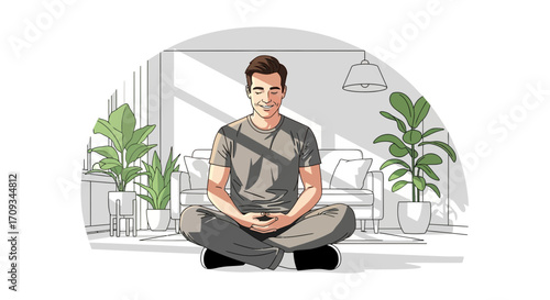 Man meditating in a peaceful living room setting, surrounded by plants, promoting mindfulness, tranquility and inner peace