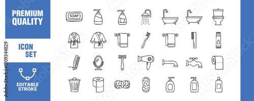 Bathroom icons set collection of linear bathroom icons soap, shampoo, shower, bath, toilet, bathrobe, towel, toothbrush, razor, hair dryer, faucet, toilet paper, trash can