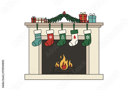 Festive Fireplace with Christmas Stockings and Gifts Illustration.