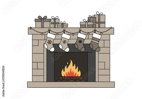 Festive Fireplace with Stockings and Gifts Illustration.