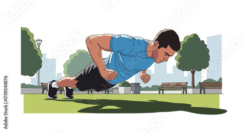 Vibrant illustration of a fit man performing a dynamic push-up exercise in a refreshing urban park, symbolizing strength, physical fitness, and healthy outdoor training