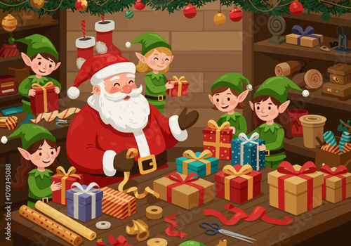 Santa Claus and Elves Workshop Scene with Gifts.