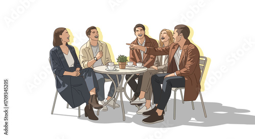 A group of friends enjoying a delightful conversation and coffee at a sunlit outdoor cafe, capturing a moment of connection and relaxation