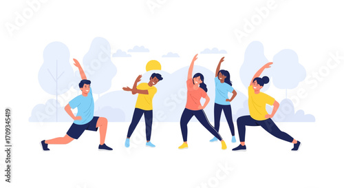 Diverse group of people exercising outdoors in a park, promoting a healthy lifestyle and community fitness activities