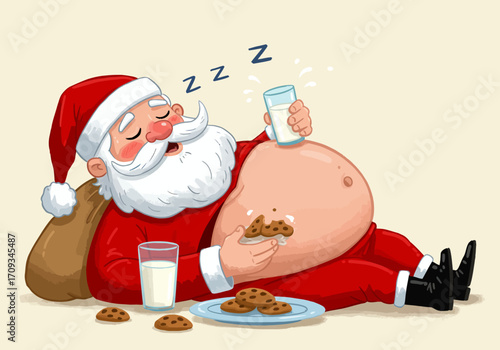 Santa Claus Sleeping After Eating Cookies and Milk on Christmas Eve.