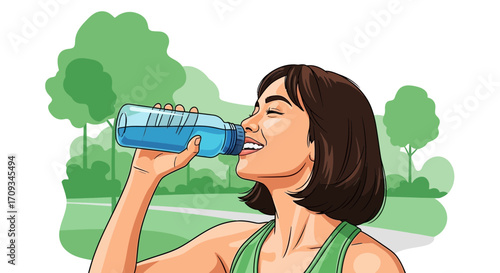 A young woman enjoying a refreshing drink of water from a bottle while exercising outdoors in a park