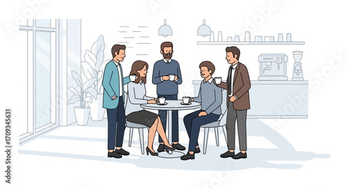 Diverse team of professionals enjoying a casual coffee break, fostering communication, collaboration, and social connection in a modern cafe setting