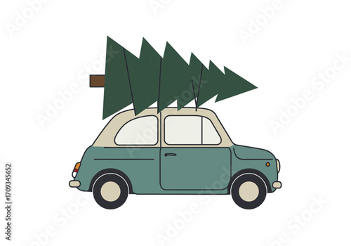 Vintage Car Carrying Christmas Tree for Holiday Season.