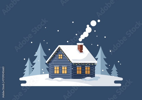 Winter Cabin Scene with Snow and Smoke.