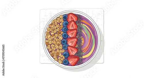 Healthy and colorful acai bowl with fresh berries, granola, and a variety of nutritious toppings, perfect for a delicious breakfast