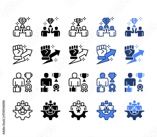 Celebration, Motivation, Achievement, Employee engagement, multiple style icon set.