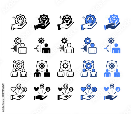 Rewards, Resilience, Collaboration, Benefits, multiple style icon set.