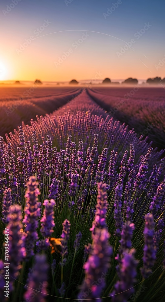 Fototapeta premium A vast field of vibrant purple lavender blossoms stretches out beneath a golden sunrise, creating a serene and picturesque landscape.