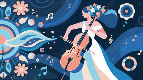 Illustration Of A Graceful Woman Playing The Cello Vector Design Template
