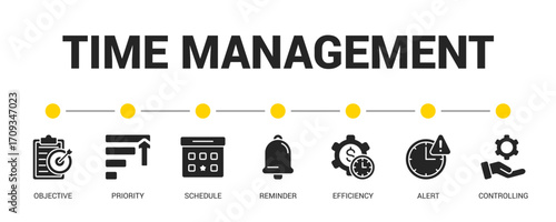 Time Management Glyph Icon Set For Web Banner. Vector Illustration Concept With Some Icons. Designed In Glyph Style