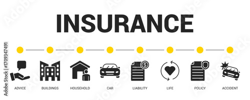 Insurance Glyph Icon Set For Web Banner. Vector Illustration Concept With Some Icons. Designed In Glyph Style