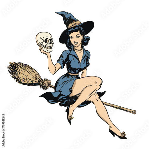 Retro Pin-Up style Witch Flying on a broomstick