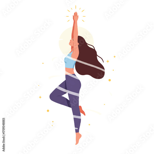 Magical yoga woman floats with divine light in a minimalist flat 2D vector illustration against a plain white background, embodying peace and spiritual well-being.