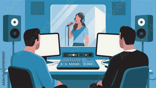 Illustration Of A Woman Recording In The Studio With Several Producers Vector Design Template