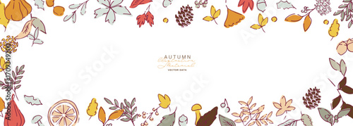 秋の落ち葉と木の実のベクターイラスト。葉っぱの秋植物イラスト。秋の線画背景。Autumn leaves and nuts vector illustration. Autumn plant illustration with leaves. Autumn line art background.