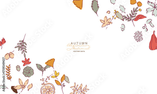 秋の落ち葉と木の実のベクターイラスト。葉っぱの秋植物イラスト。秋の線画背景。Autumn leaves and nuts vector illustration. Autumn plant illustration with leaves. Autumn line art background.