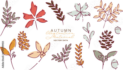 秋の落ち葉と木の実のベクターイラスト。葉っぱの秋植物イラスト。秋の線画背景。Autumn leaves and nuts vector illustration. Autumn plant illustration with leaves. Autumn line art background.