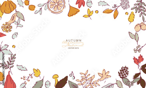 秋の落ち葉と木の実のベクターイラスト。葉っぱの秋植物イラスト。秋の線画背景。Autumn leaves and nuts vector illustration. Autumn plant illustration with leaves. Autumn line art background.