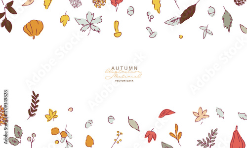 秋の落ち葉と木の実のベクターイラスト。葉っぱの秋植物イラスト。秋の線画背景。Autumn leaves and nuts vector illustration. Autumn plant illustration with leaves. Autumn line art background.