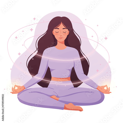 Flat 2D vector illustration of a magical yoga woman meditating with mystical energy radiating around her on a plain white background.