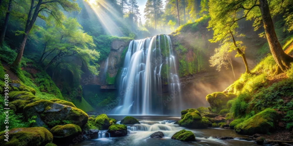 Obraz premium Serene Waterfall Cascading Through Lush Green Forest Bathed in Golden Sunlight