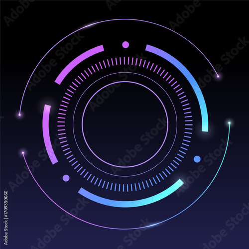 Futuristic technology abstract circle with colorful gradient ring and glow neon light element creates high tech scifi background for innovation ai artificial intelligence techno sphere focus target.